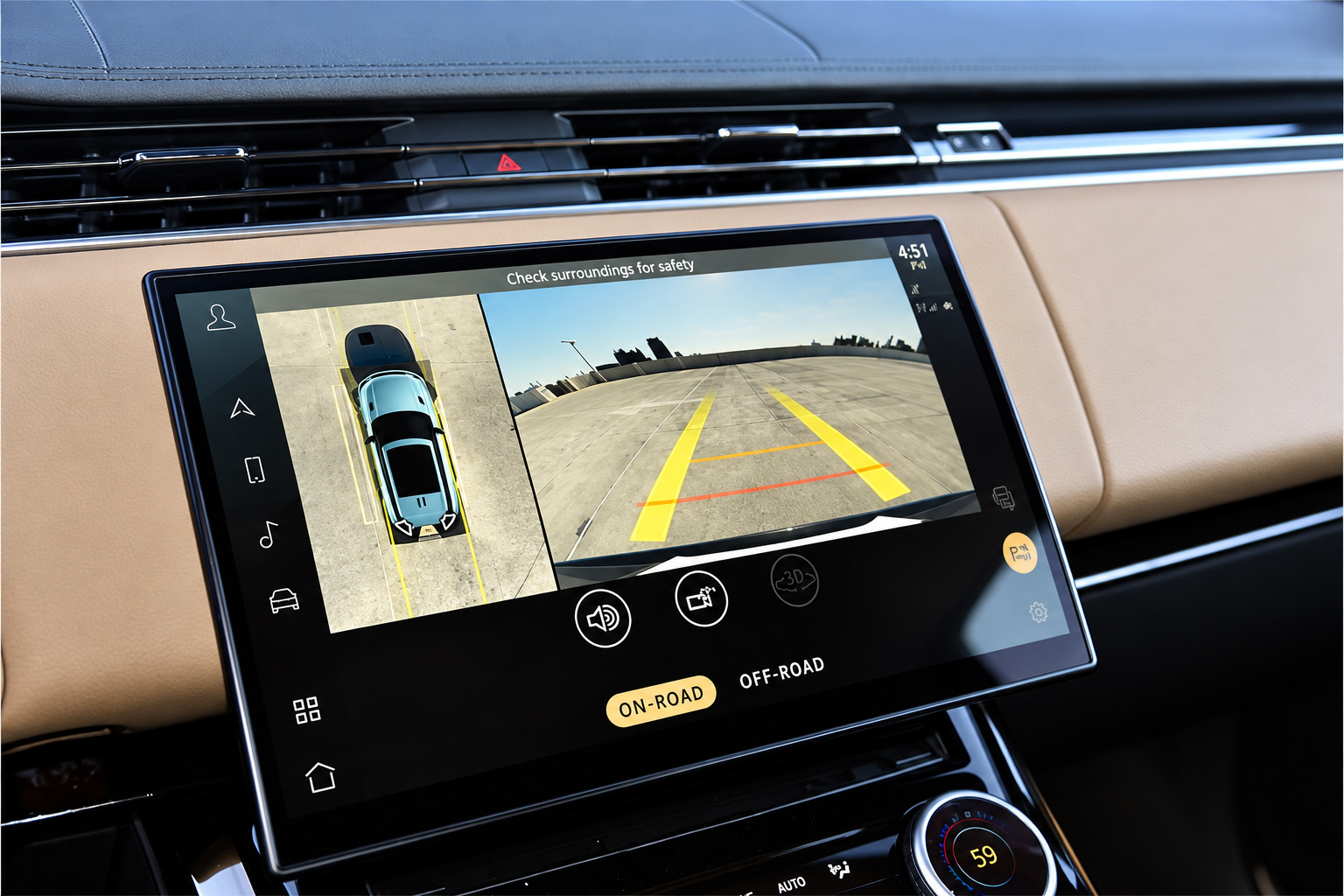 Centre touchscreen in the Range Rover Sport showing the 3D surround camera view of the parking deck
