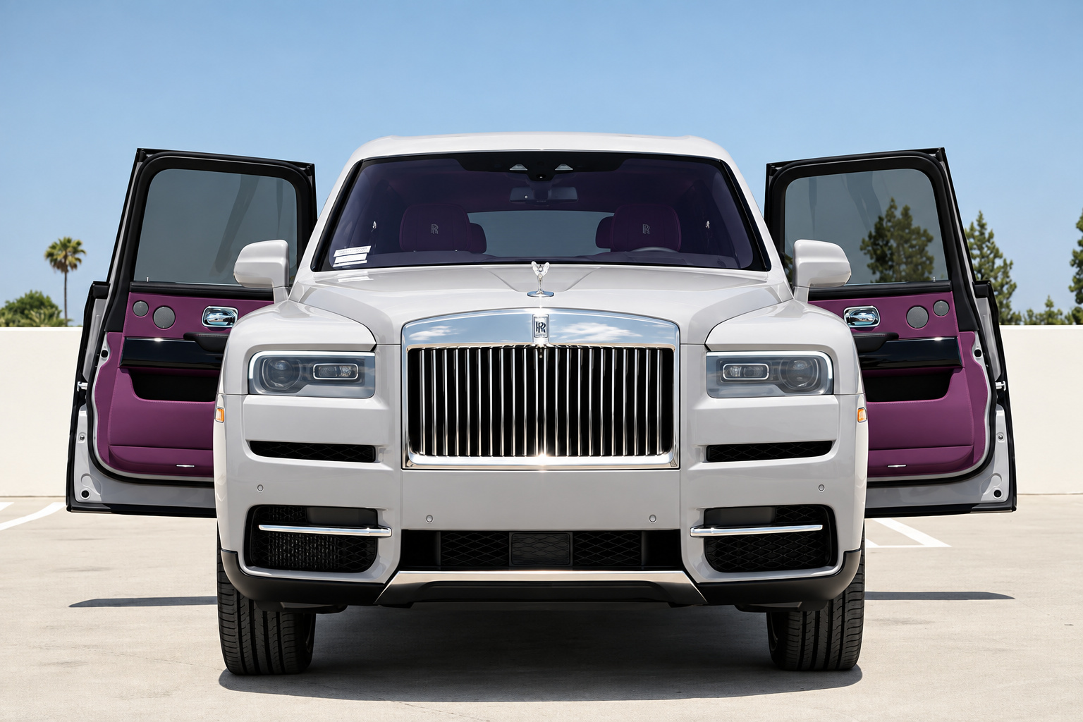 White Rolls Royce Cullinan head-on with all 4 coach doors open, purple leather showing on every door panel