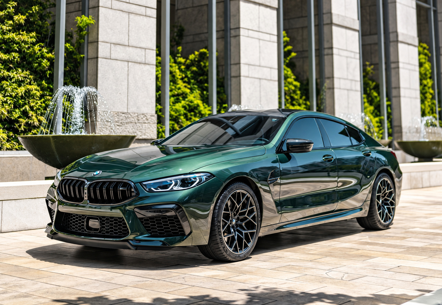 Dark green M8 Competition Gran Coupe beside a fountain and a stone building in a sunny plaza