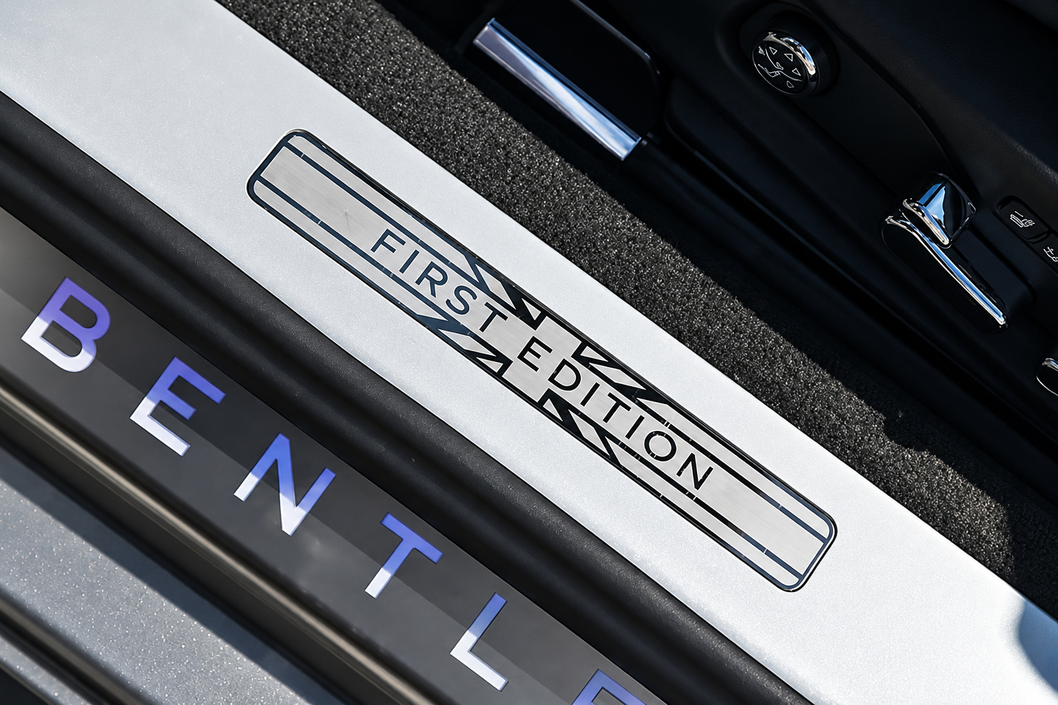 First Edition sill plate on the silver Bentley Continental GTC with the Bentley lettering lit