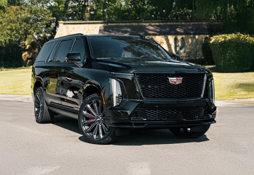 Black Cadillac Escalade-V ESV front three-quarter parked on a lawn drive outside a stone church