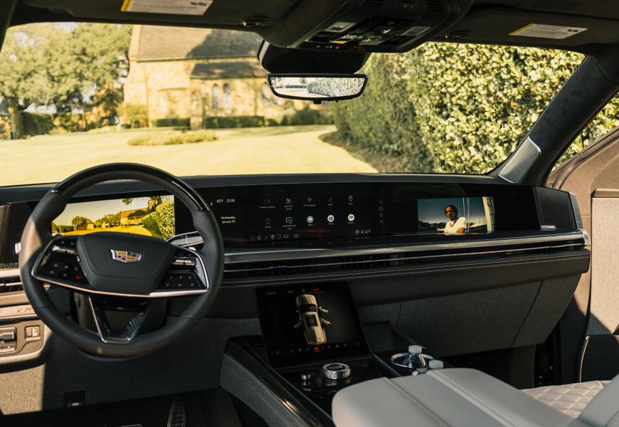 Escalade-V dash with the 55 inch full-width display, ivory leather and the column shifter
