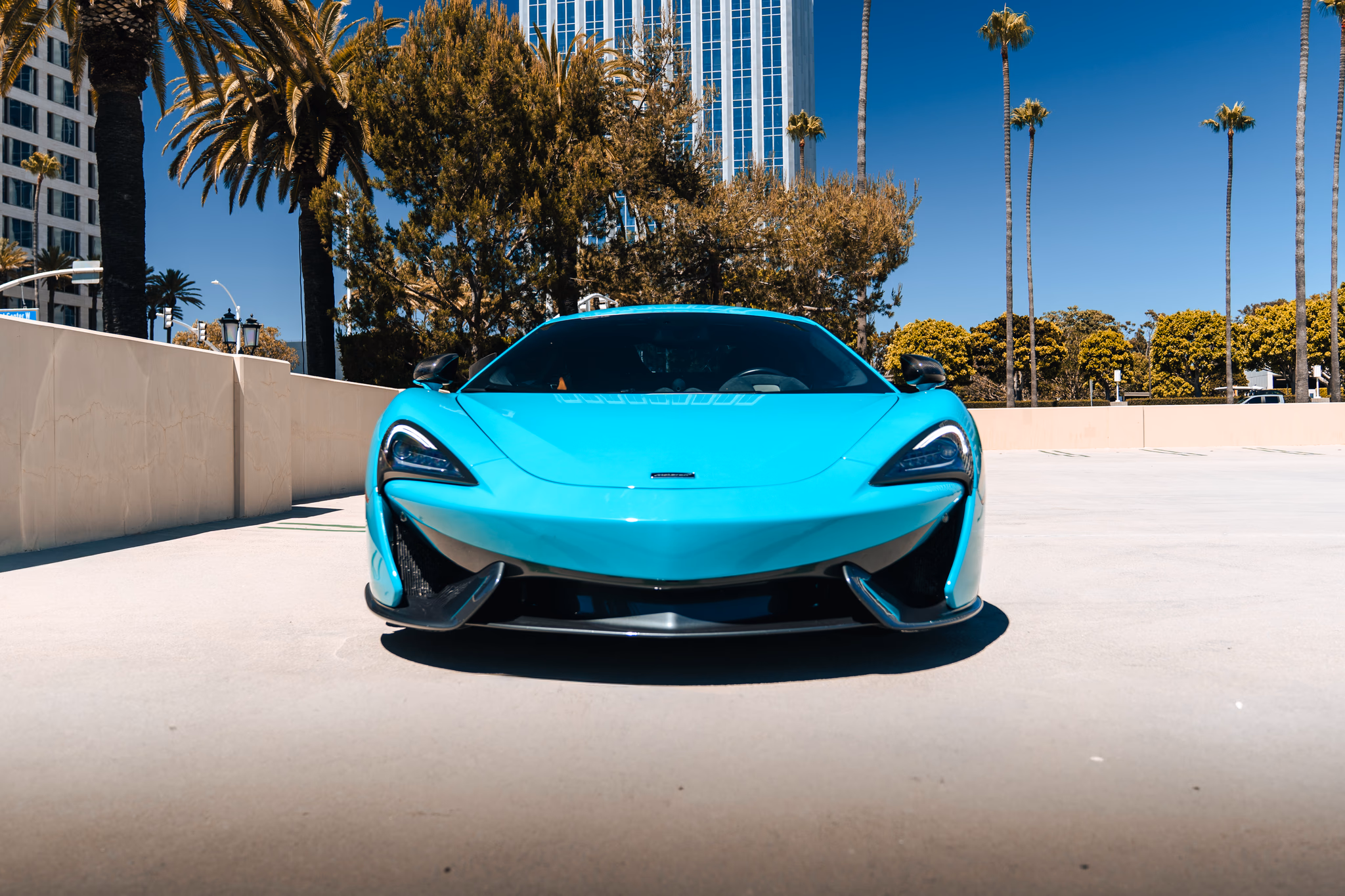 Head-on view of the Curacao Blue McLaren 570S, low nose and headlight blades, palm trees in the background