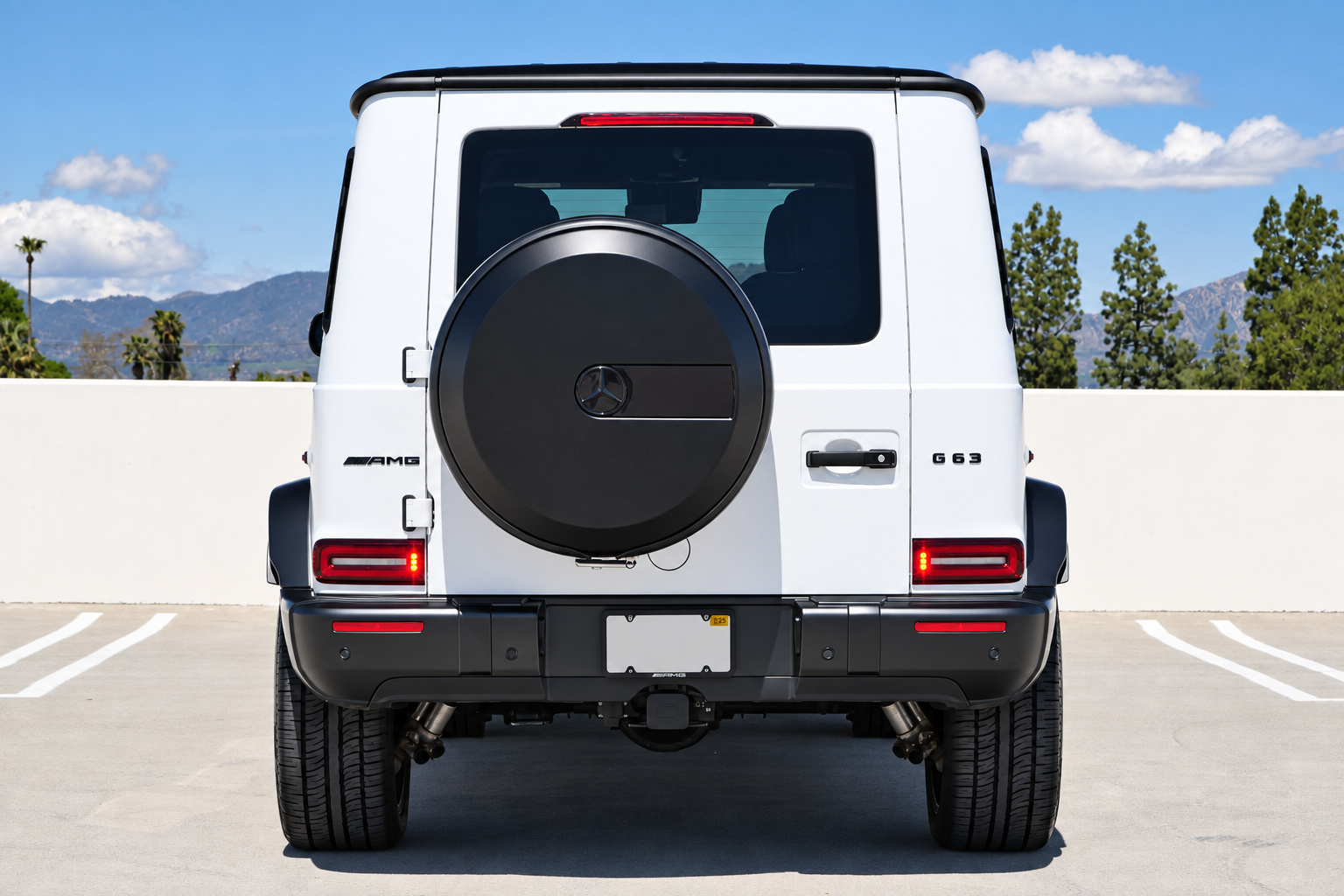 Straight-on rear of the white G63 with the black spare wheel cover on the rear door and mountains behind