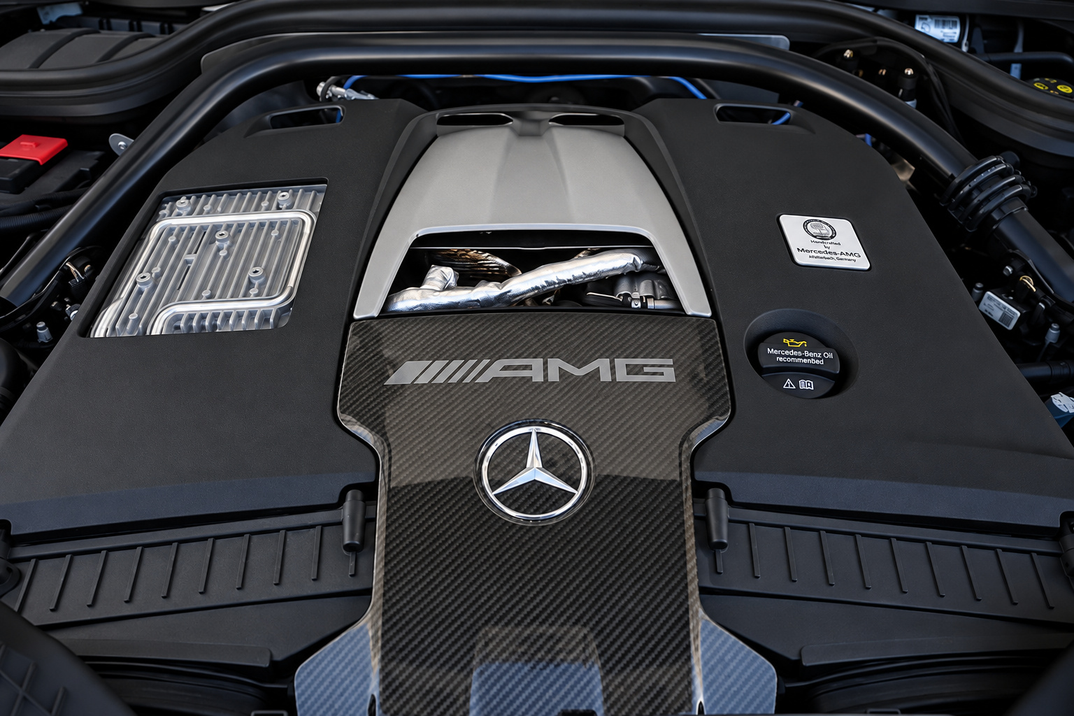 Engine bay of the Mercedes-AMG G63, the AMG cover on the 4.0L twin-turbo V8