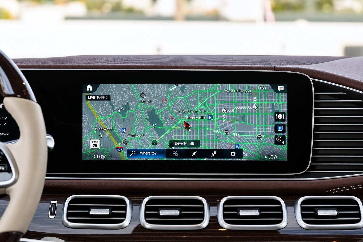 Centre screen of the Maybach GLS 600 showing the navigation map over Beverly Hills, cream dash and wood trim