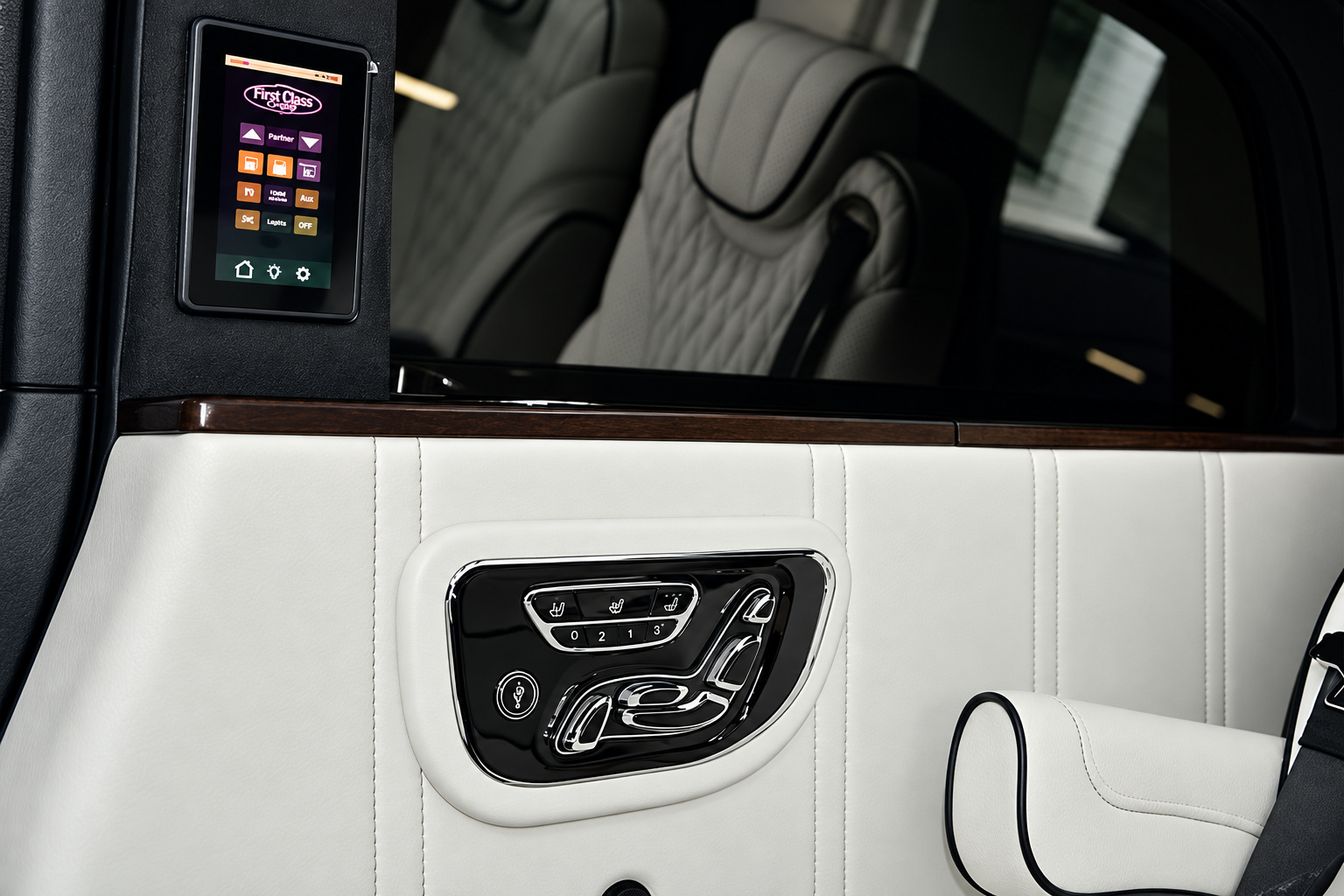 Seat control pad set into the white quilted door panel of the Mercedes-Benz Metris rental