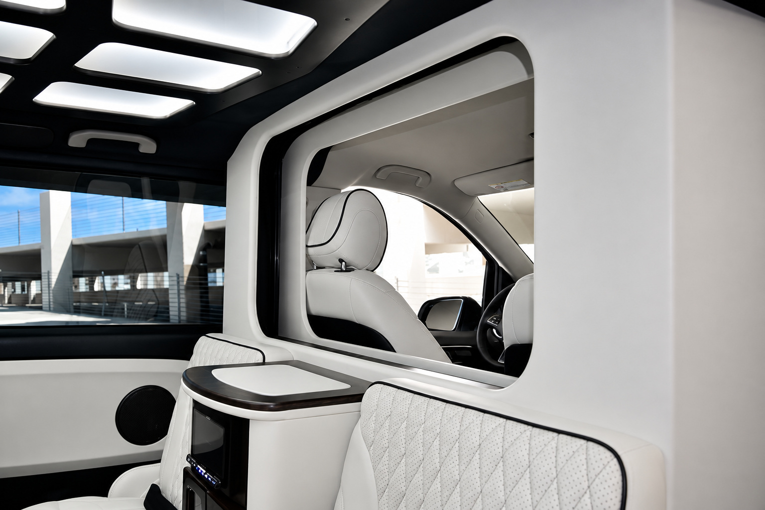 White quilted captain chair in the Mercedes-Benz Metris rental with the wood fold-out table extended