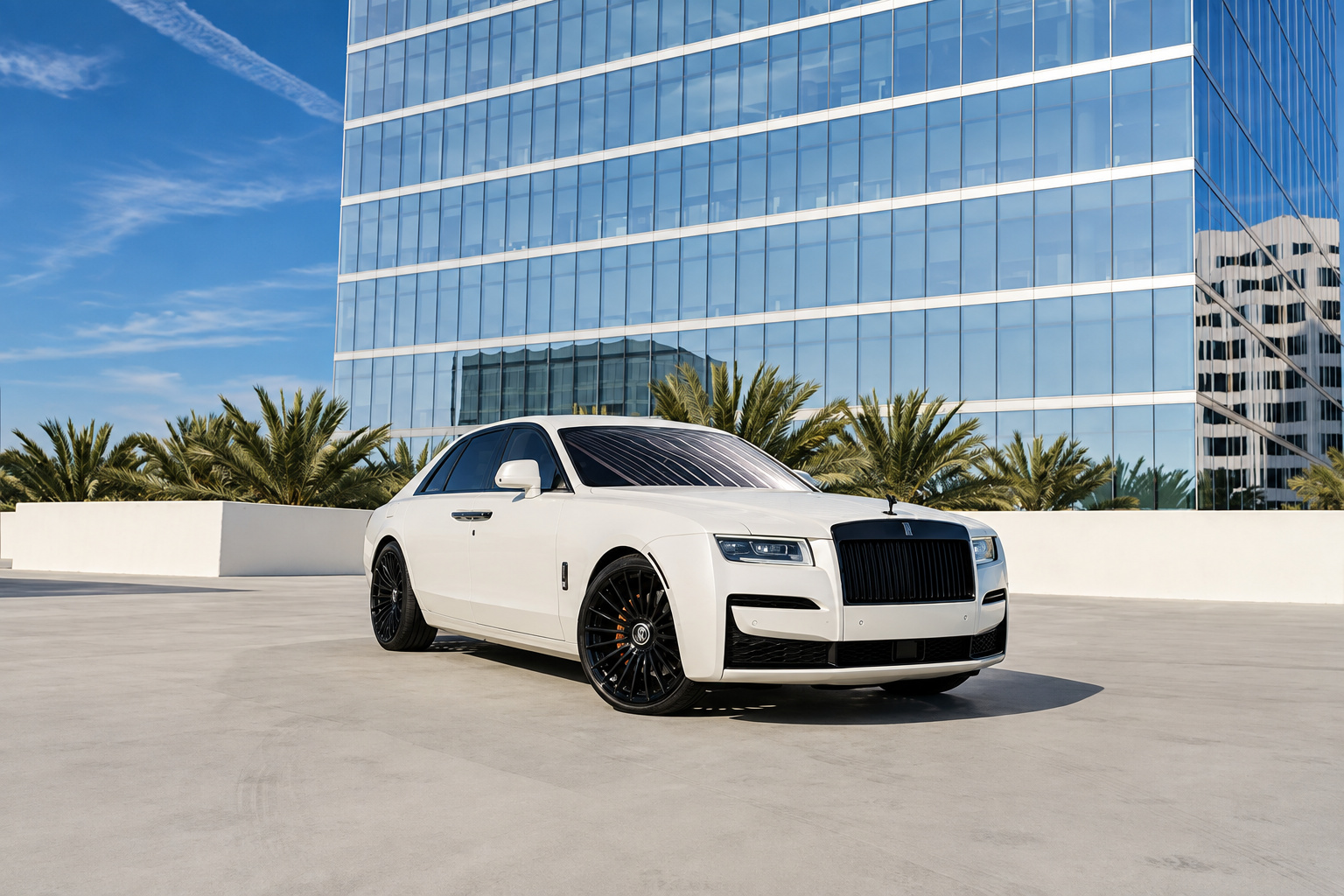 Front three-quarter of the white Ghost from the passenger side, black Spirit of Ecstasy and black grille
