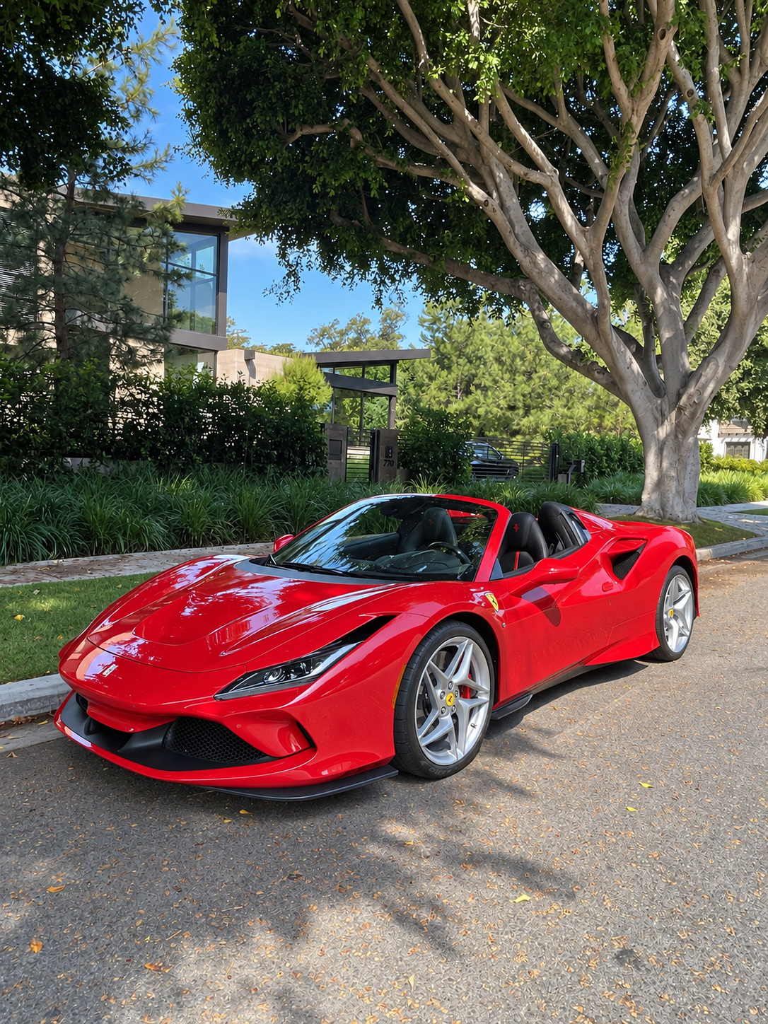 Red Ferrari F8 Spider with the roof down on a tree-lined residential street in Los Angeles, front three-quarter