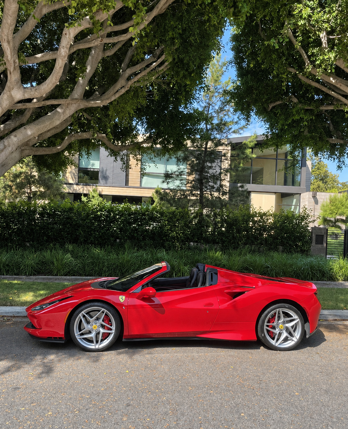 Side profile of the red F8 Spider under a large ficus tree, roof stowed, silver 5-spoke wheels