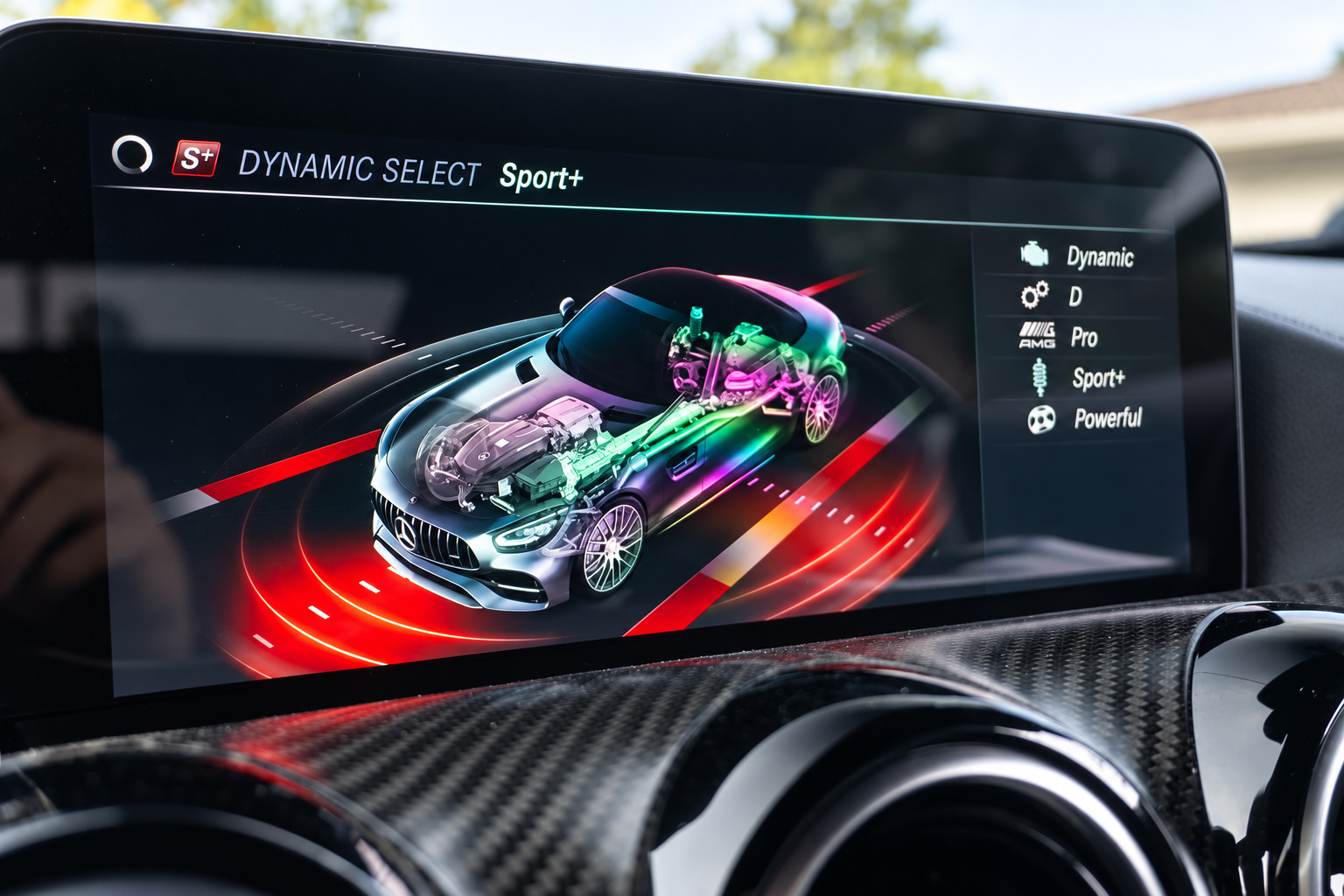 Center screen of the AMG GT C Roadster showing AMG Dynamic Select in Sport+ with carbon-look trim around it