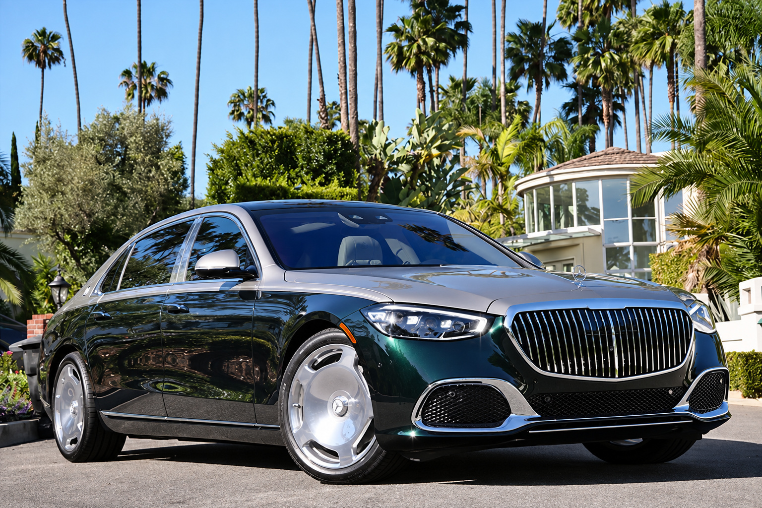 Two-tone green over silver Maybach S580 parked on a palm-lined Beverly Hills street, front three-quarter view