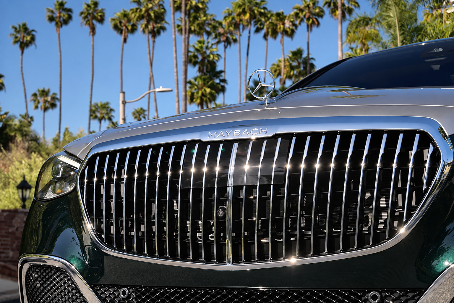 Close view of the chrome vertical-bar Maybach grille on the green and silver S580