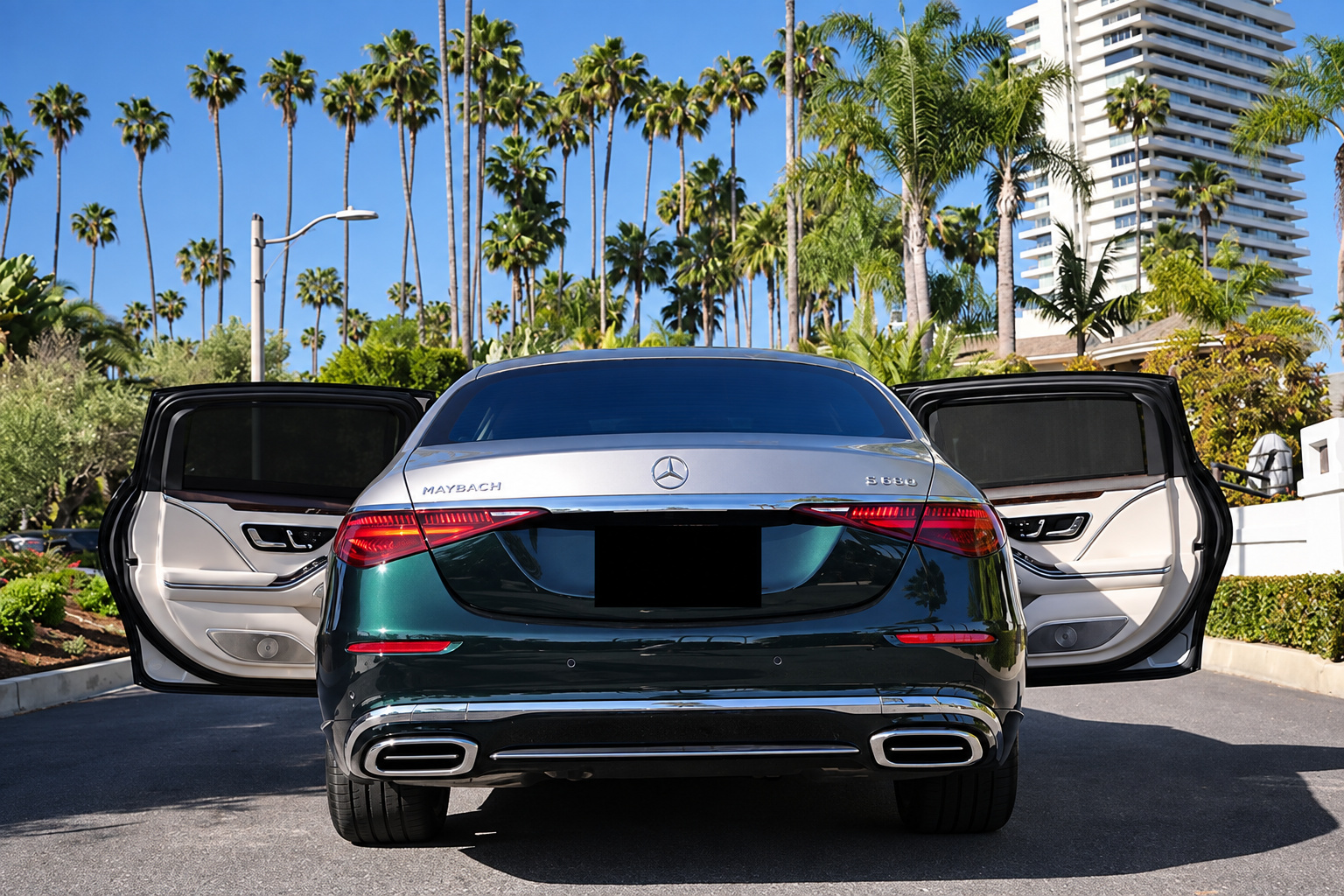 Rear view of the green over silver Maybach S580 with both back doors open under Beverly Hills palms