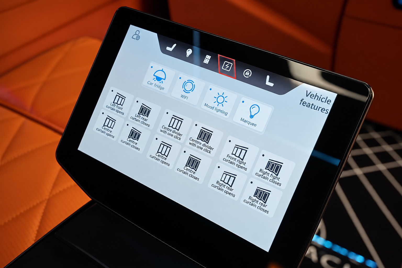 Touchscreen tablet controlling the seats, lighting and screen in the Mercedes-Benz Sprinter rental