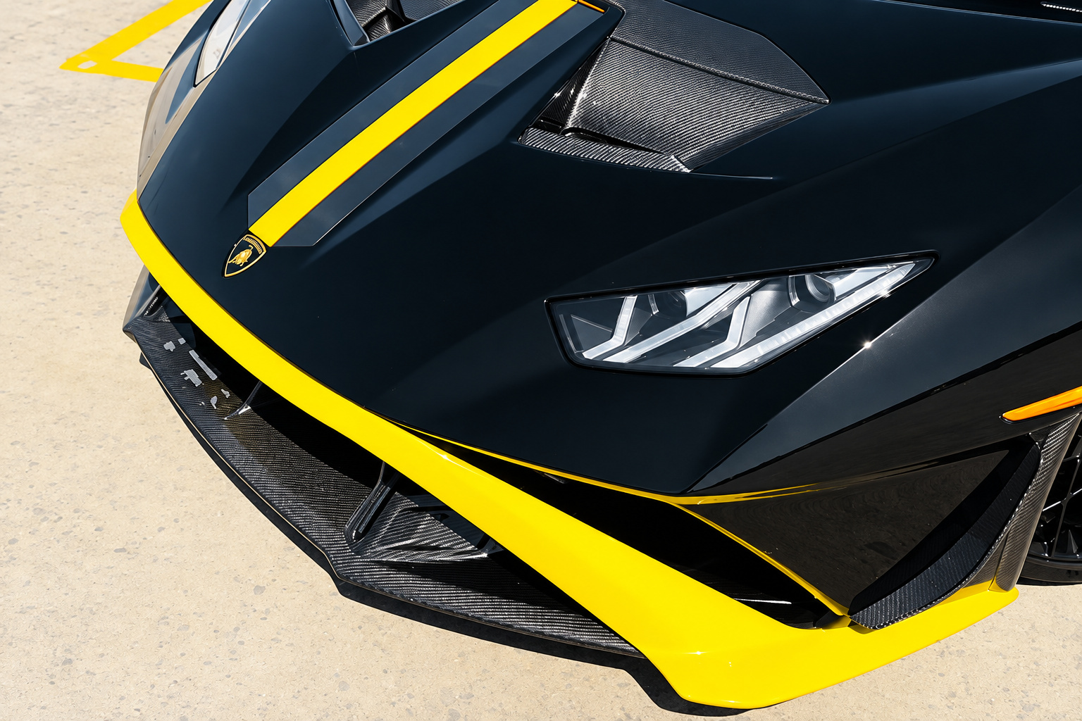Close front view of the Huracan STO nose, yellow splitter lip, yellow hood stripe and the headlight