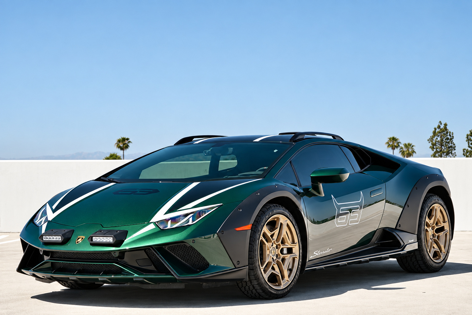 Dark green Lamborghini Huracan Sterrato with white hood stripes and bronze wheels, front three-quarter on a rooftop deck