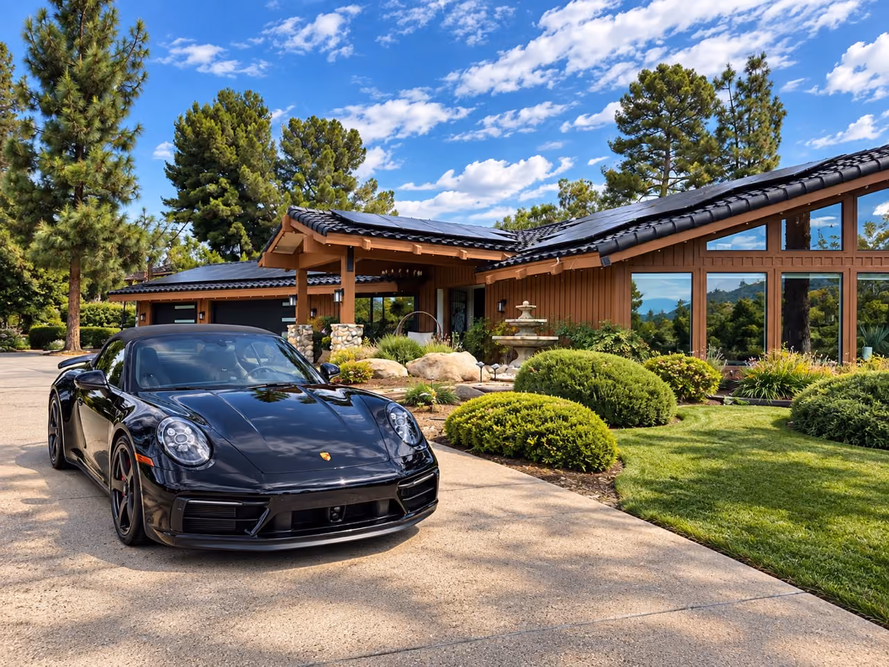 Front three-quarter of the black Porsche 911 Carrera GTS Cabriolet, top down, parked outside a timber house with a lawn