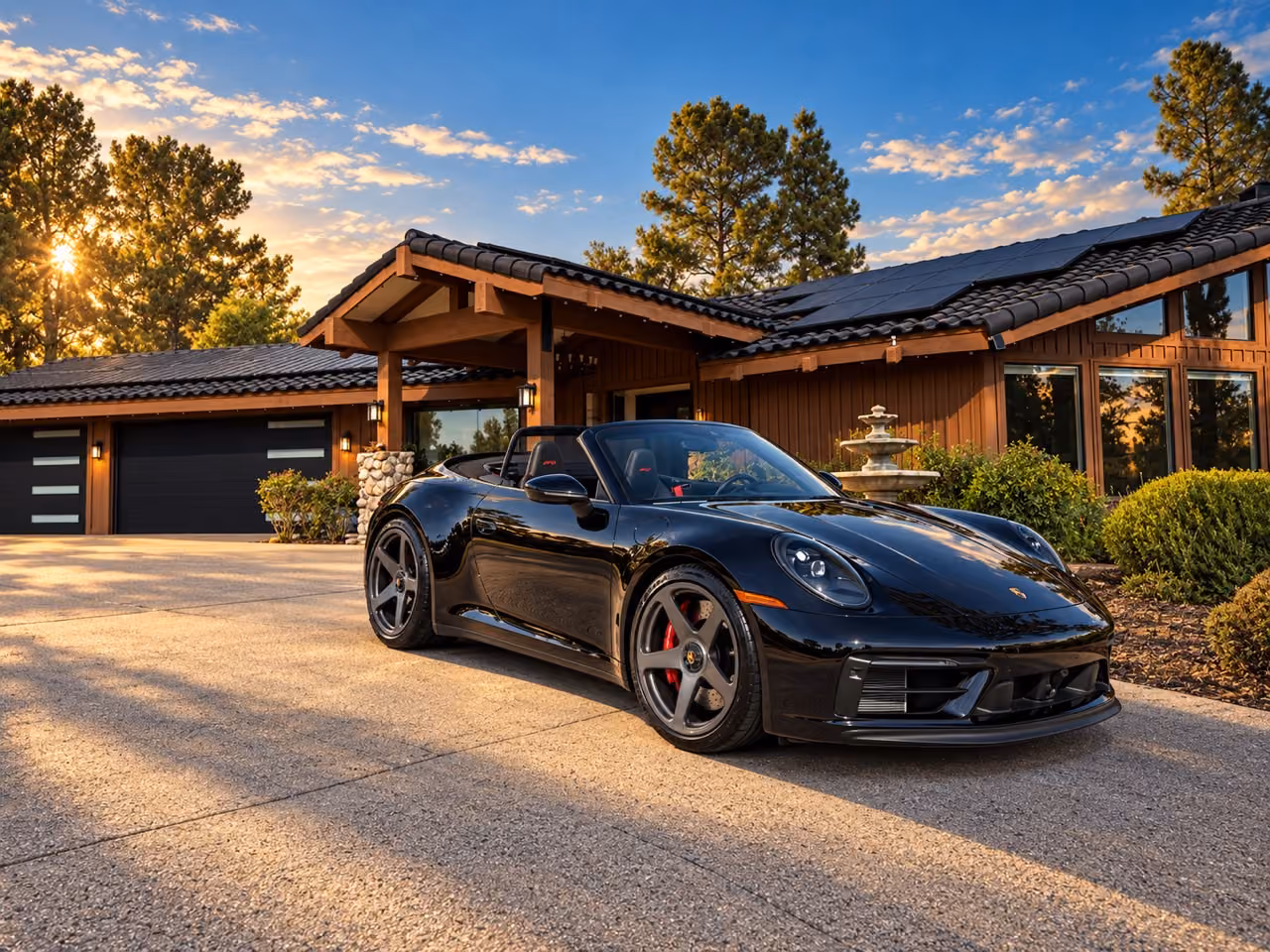 Black 911 Carrera GTS Cabriolet with the top down, satin black centre-lock wheels and red calipers, house driveway behind