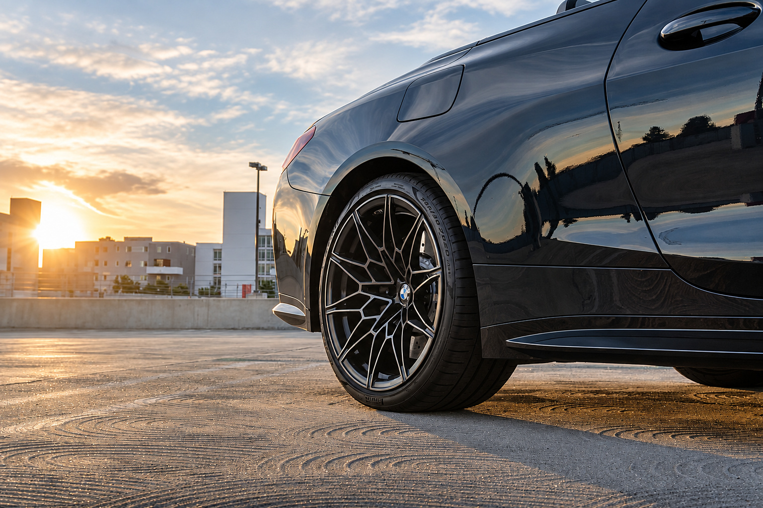 Front wheel of the black BMW M4 Competition Convertible, gloss black Y-spoke with the sunset reflected in the fender