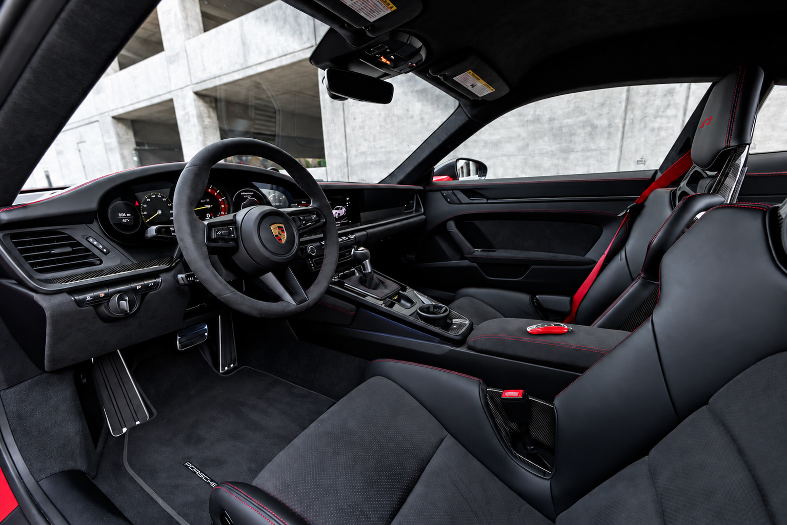 Porsche 911 GT3 cockpit with the suede steering wheel, PDK lever and black bucket seats