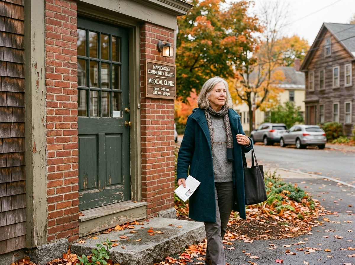 Senior woman leaving a small-town clinic feeling heard