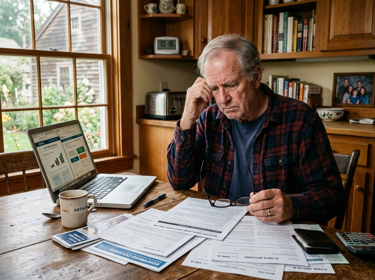Senior man overwhelmed by Medicare paperwork