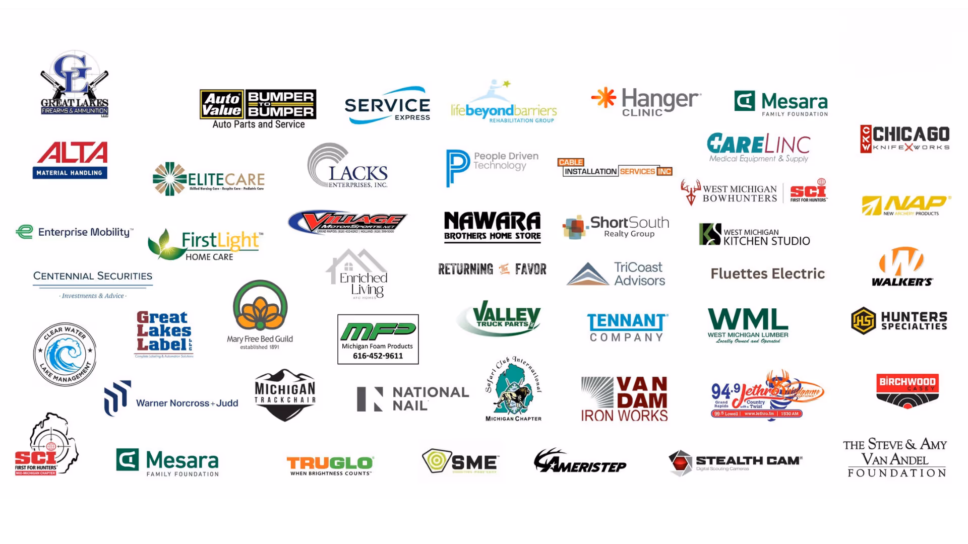 Grid of diverse company logos including Great Lakes Firearms, Auto Value, Hanger Clinic, Mesara, and others.