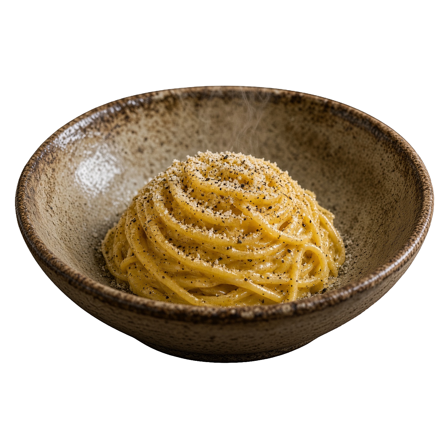 Plate of Saffron Cacio e Pepe garnished with cracked black pepper and a pinch of Pecorino.
