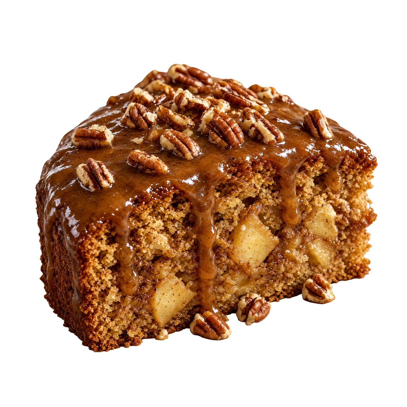 Warm slice of apple spice cake drizzled with a glossy cinnamon rum glaze.