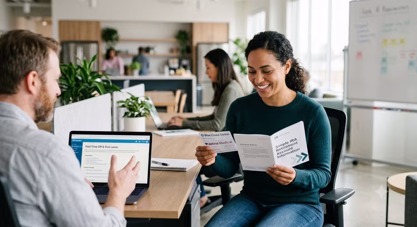Woman smiling while reading retirement account brochure, man showing paid leave info on laptop in office.