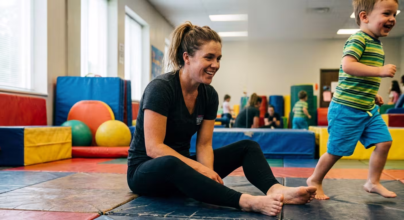 Woman sitting on a gym mat smiling while a young boy runs past her in a colorful playroom.
