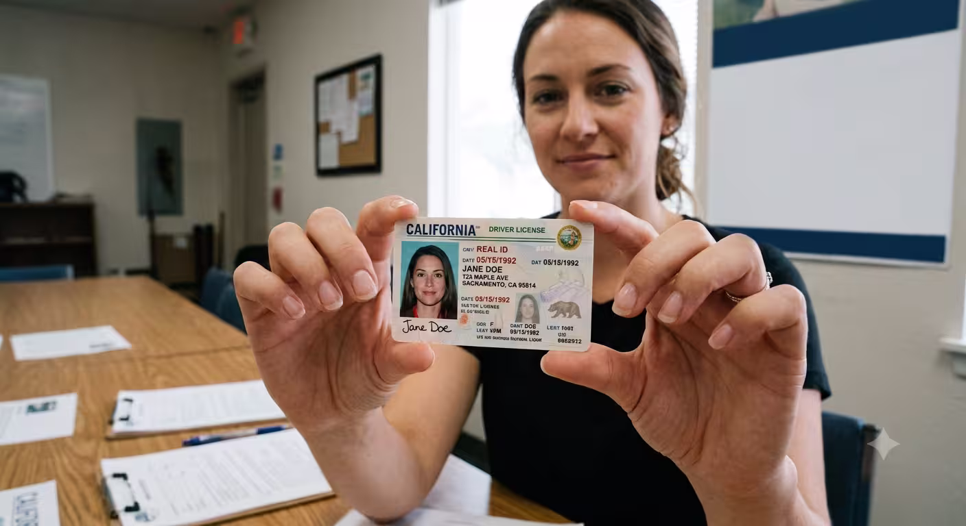 Woman holding a California driver license with the name Jane Doe visible on it.