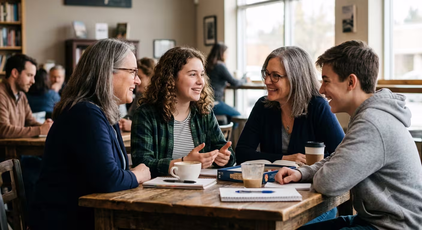 Two women, a teenage girl, and a teenage boy chatting at a café table with notebooks and coffee cups.