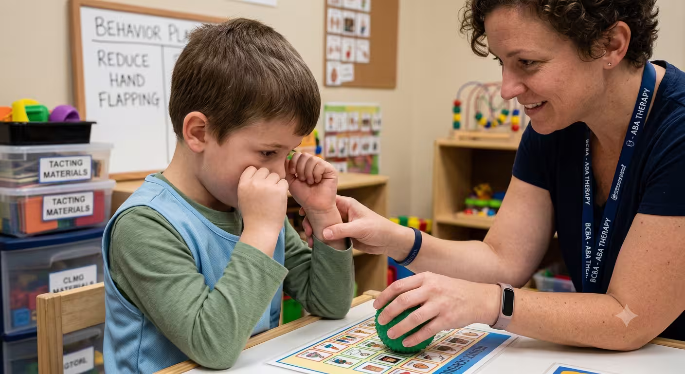 Therapist engaging a young boy in a behavior therapy session using visual aids and a green ball.