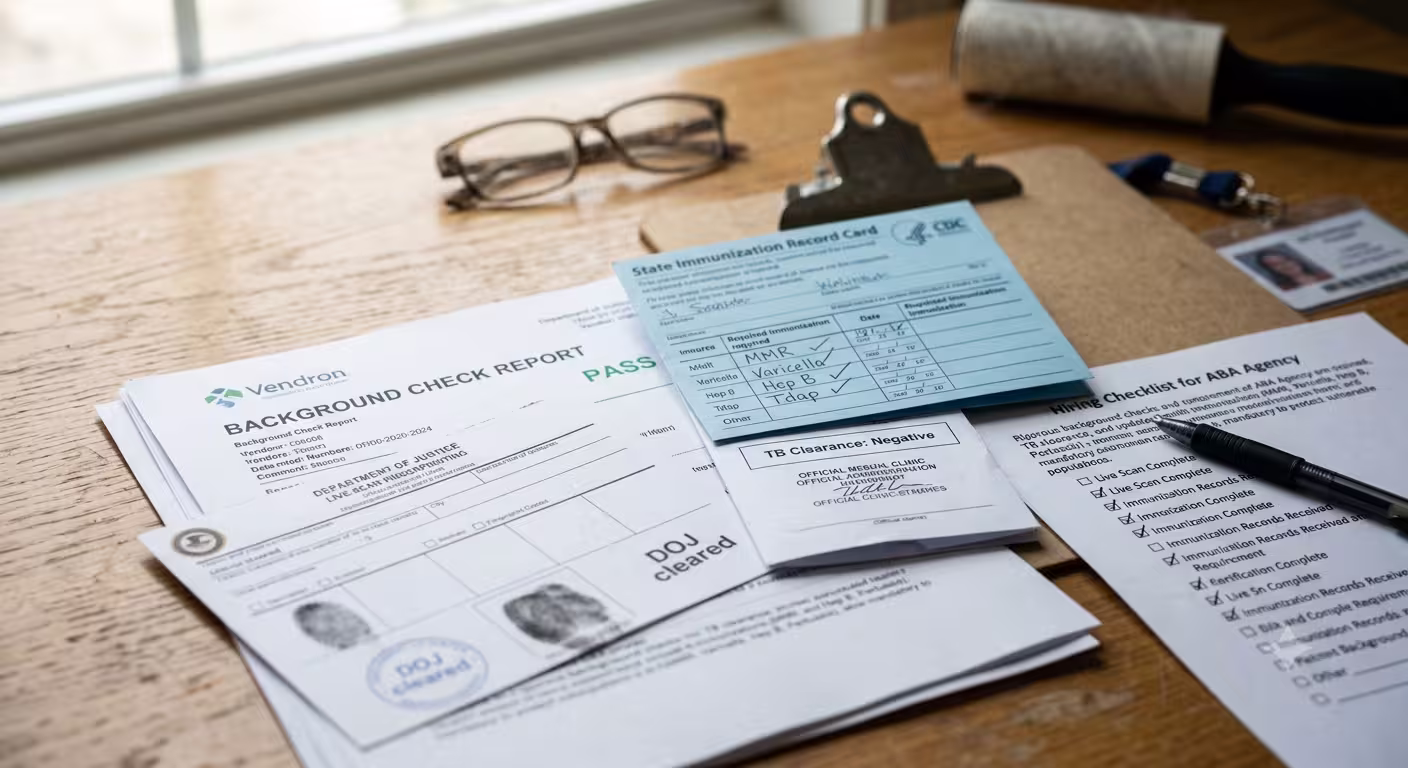 Background check report, immunization record, TB clearance, and hiring checklist on a wooden table with glasses and ID badge.