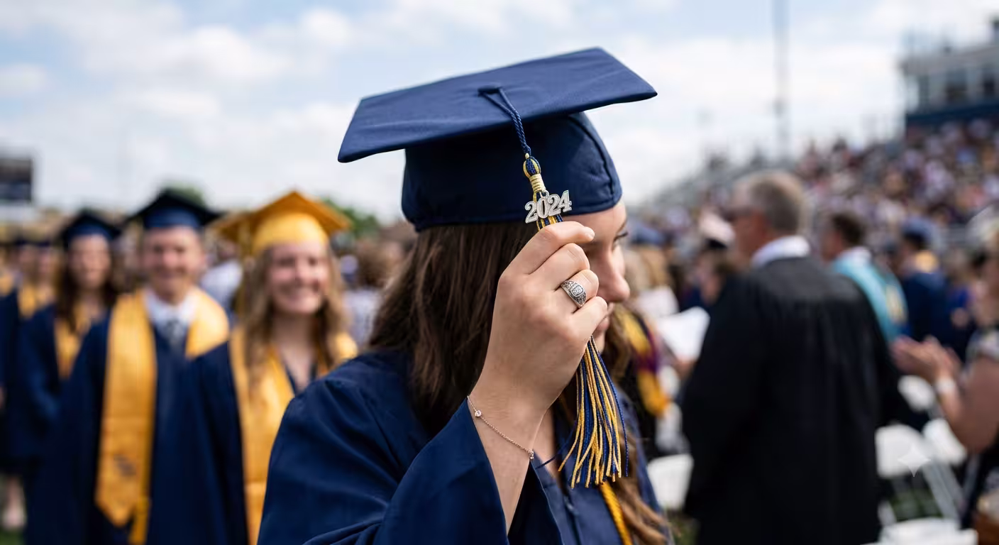 Graduate in blue cap and gown holding 2024 tassel at outdoor graduation with other graduates in background.