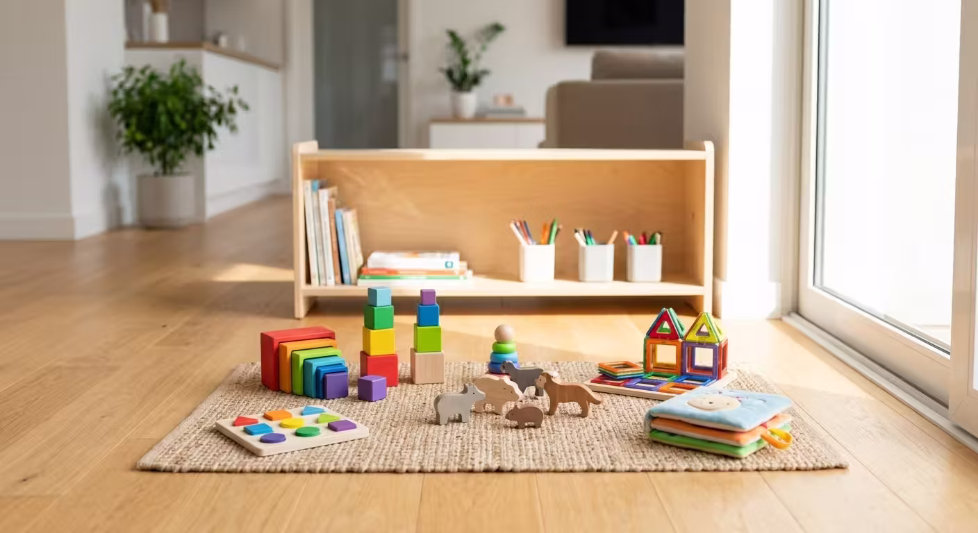 Colorful wooden and magnetic toys arranged on a rug in a brightly lit children's playroom.
