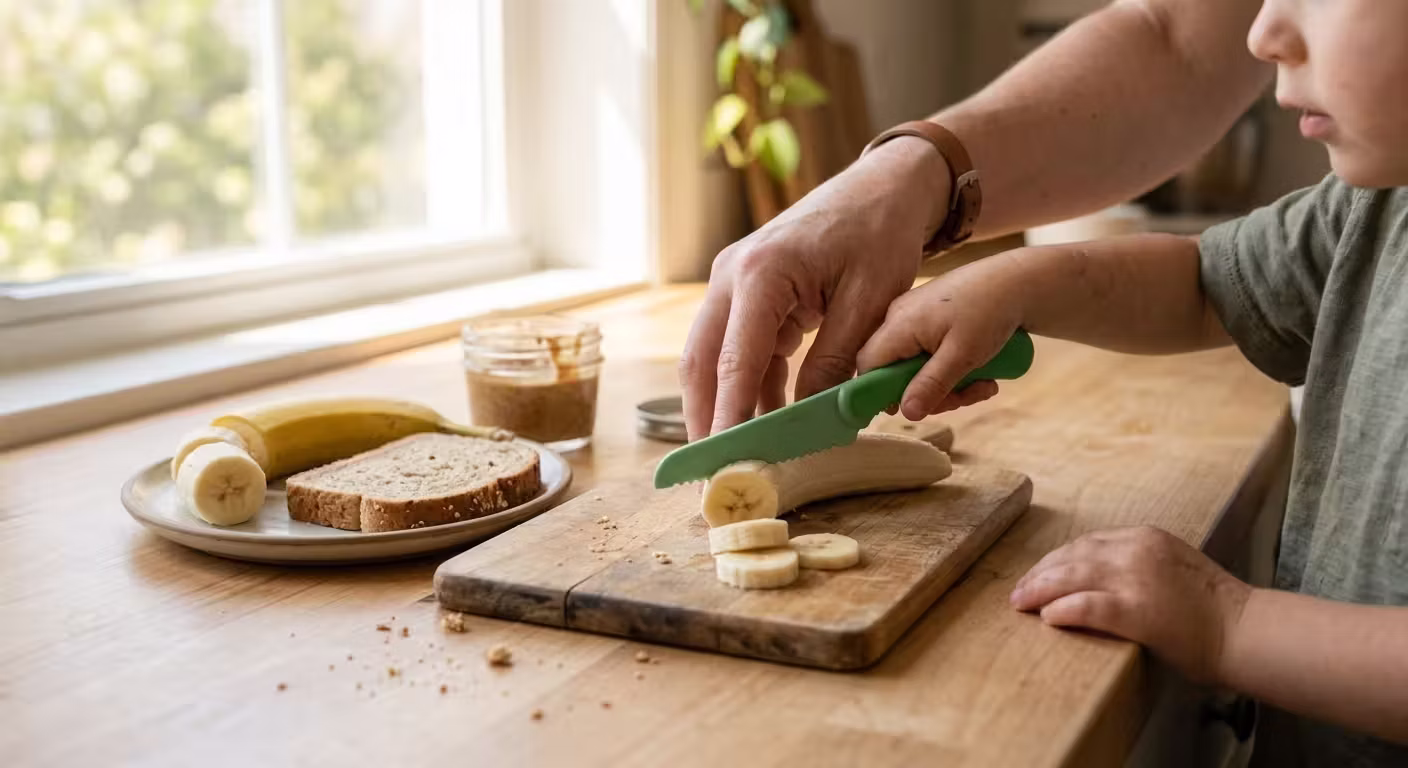 Adult helping child slice a banana on a wooden cutting board in a sunlit kitchen.