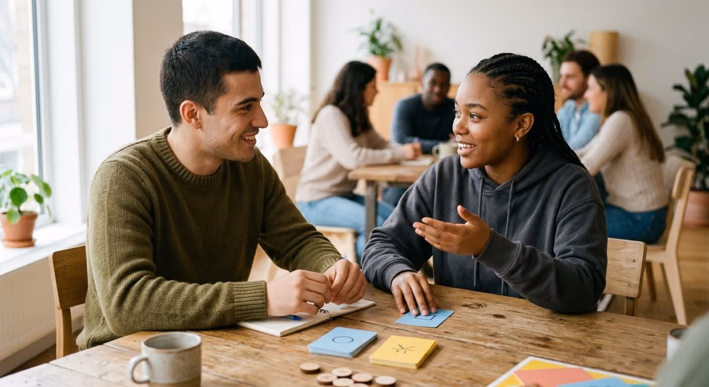 Young adults sitting at a wooden table talking, with cards and wooden tokens on the table.