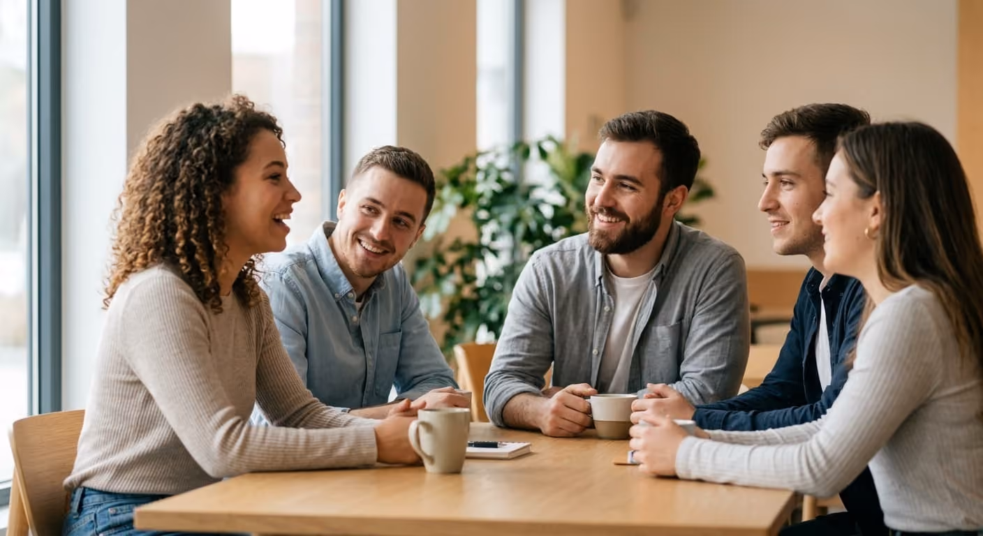 Five young adults sitting around a table smiling and chatting with coffee cups in front of them.