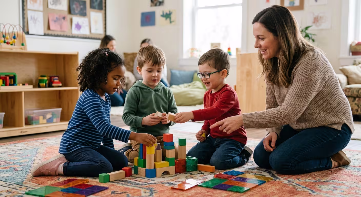 Three children and a woman sitting on a carpet playing with colorful wooden blocks indoors.