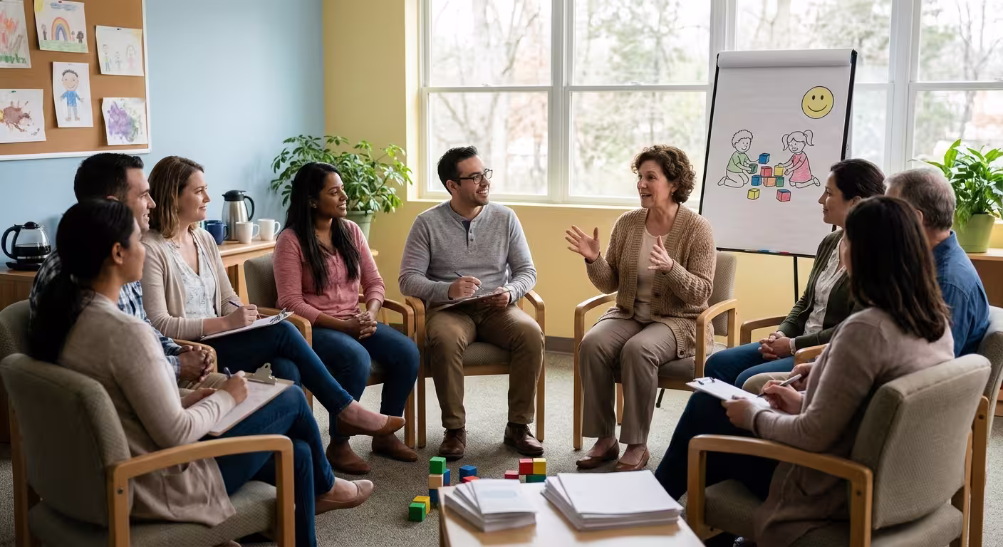 Group of adults sitting in a circle in a bright room listening to a woman speaking and taking notes.