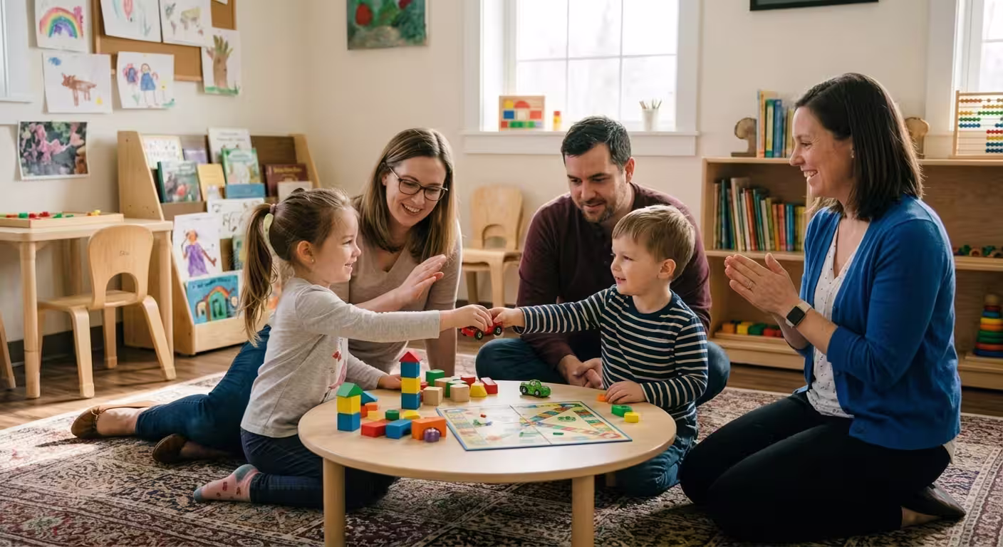 Two children and three adults playing with toy blocks and a board game at a table in a classroom.