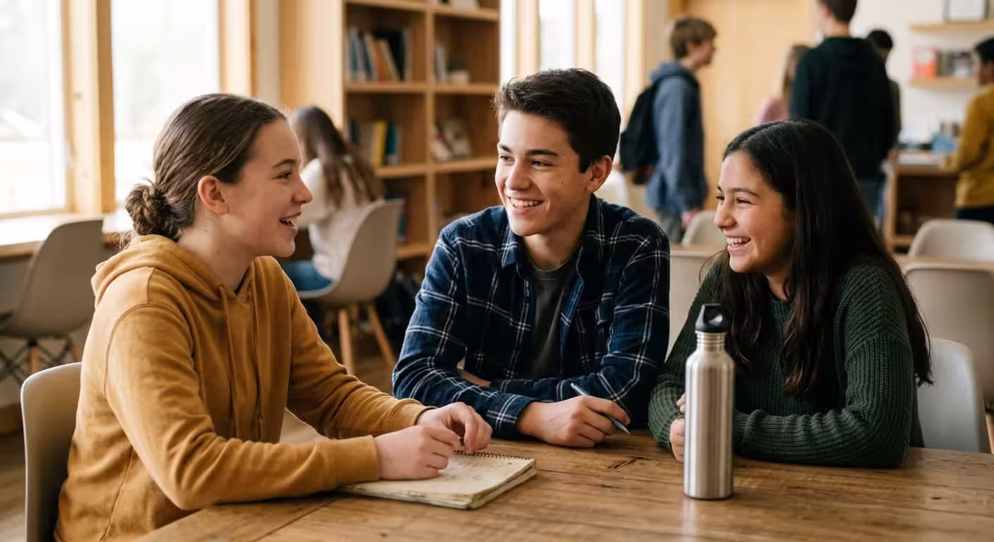 Three smiling teenagers sitting at a table with a notebook and water bottle, talking in a classroom.