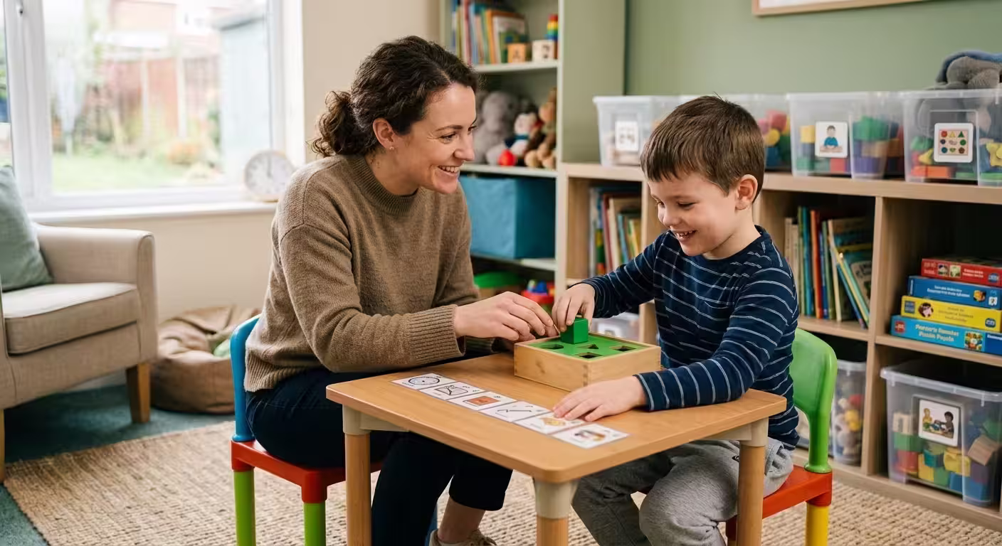 Adult woman and young boy playing with a shape-sorting toy at a small table in a colorful room.