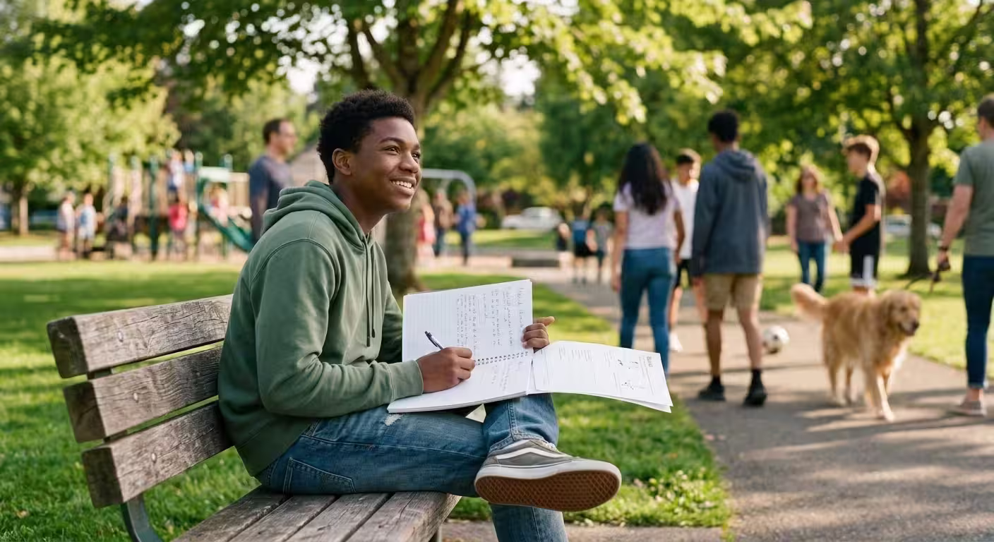 Teen boy sitting on a park bench smiling while writing in a notebook on a sunny day.