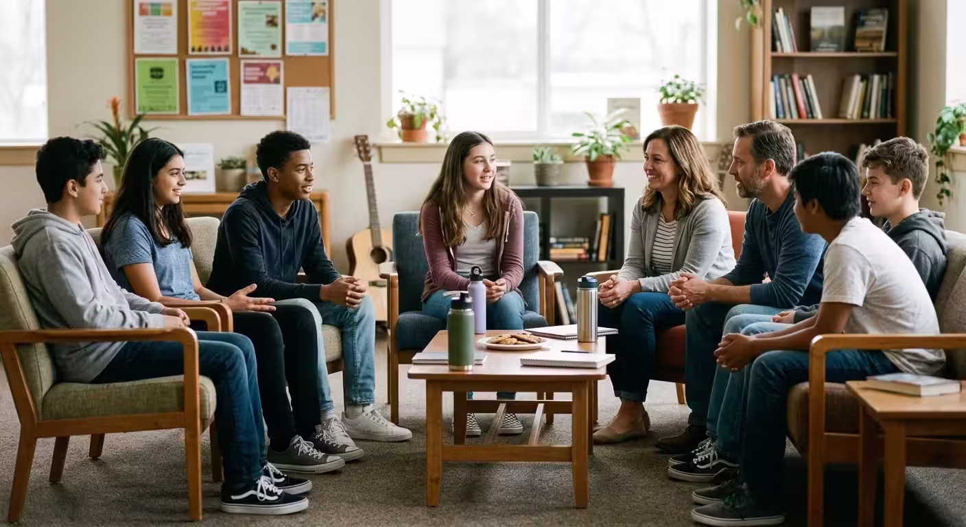 Group of diverse teenagers and adults sitting in a circle and talking in a cozy room.