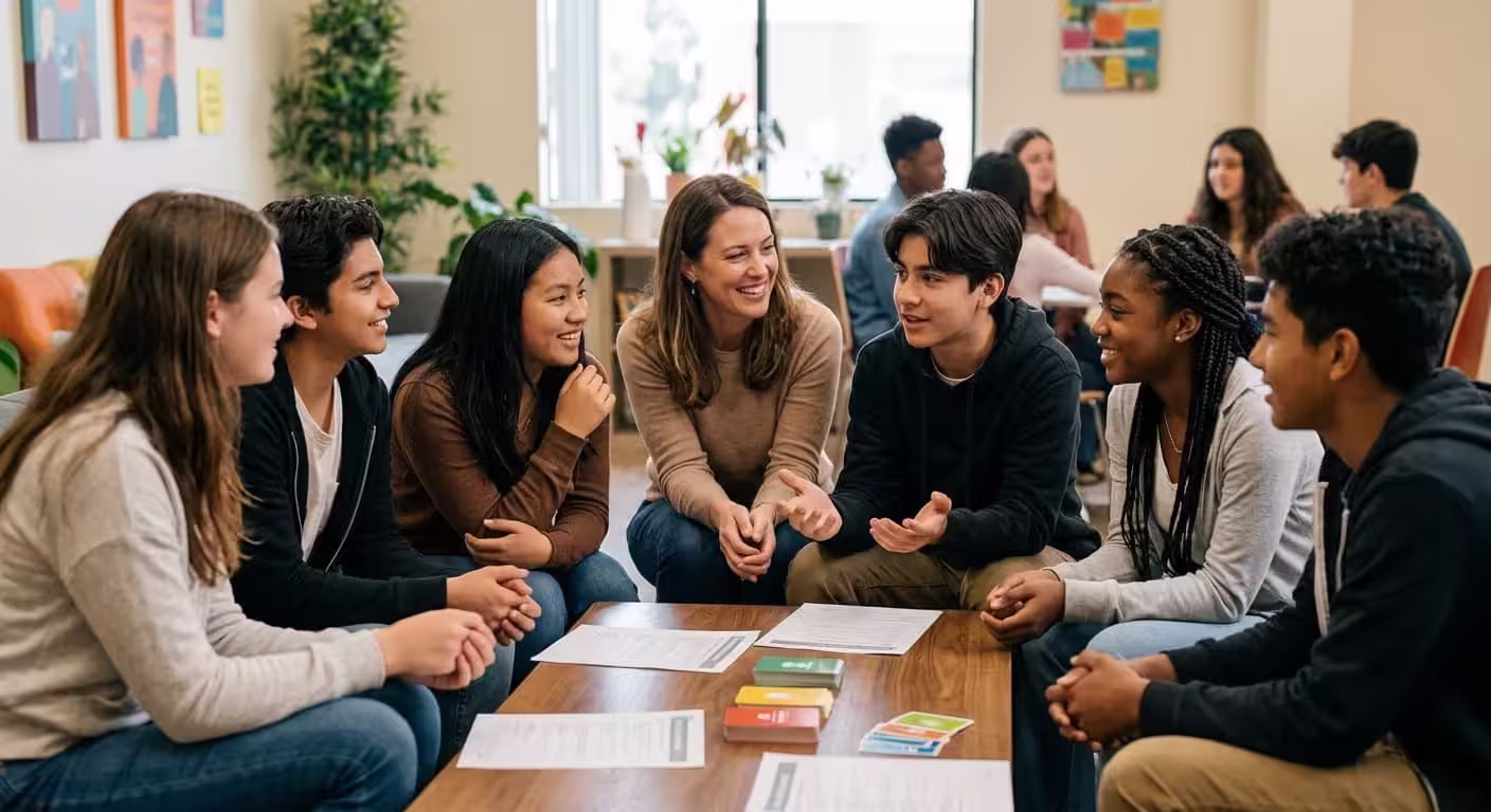 Diverse group of teens and an adult woman sitting around table engaged in friendly discussion.